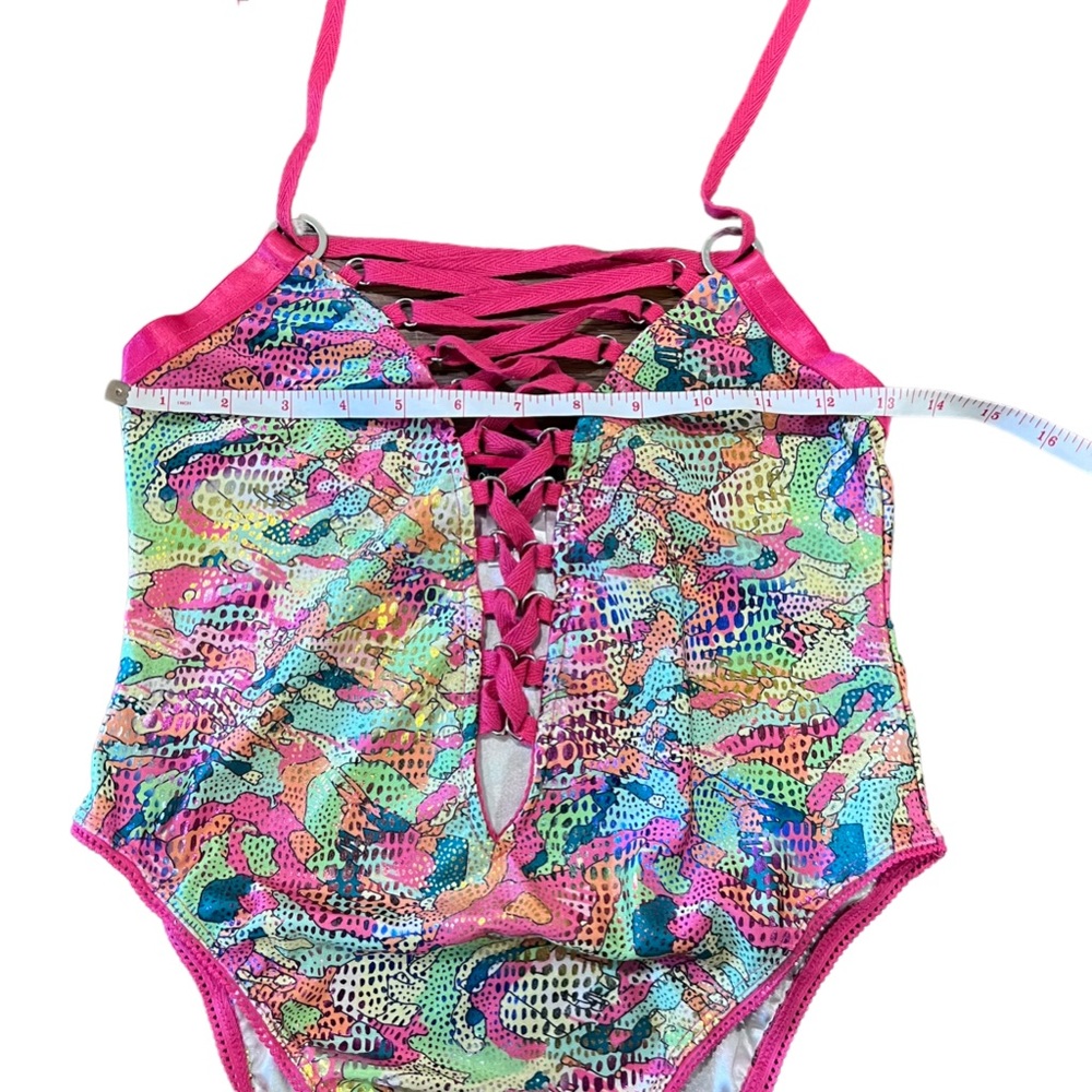 HTF Club Exx Hot Pink & Green Foil Lace Up Rivet Strappy Rave Halter Bodysuit - Picture 13 of 15